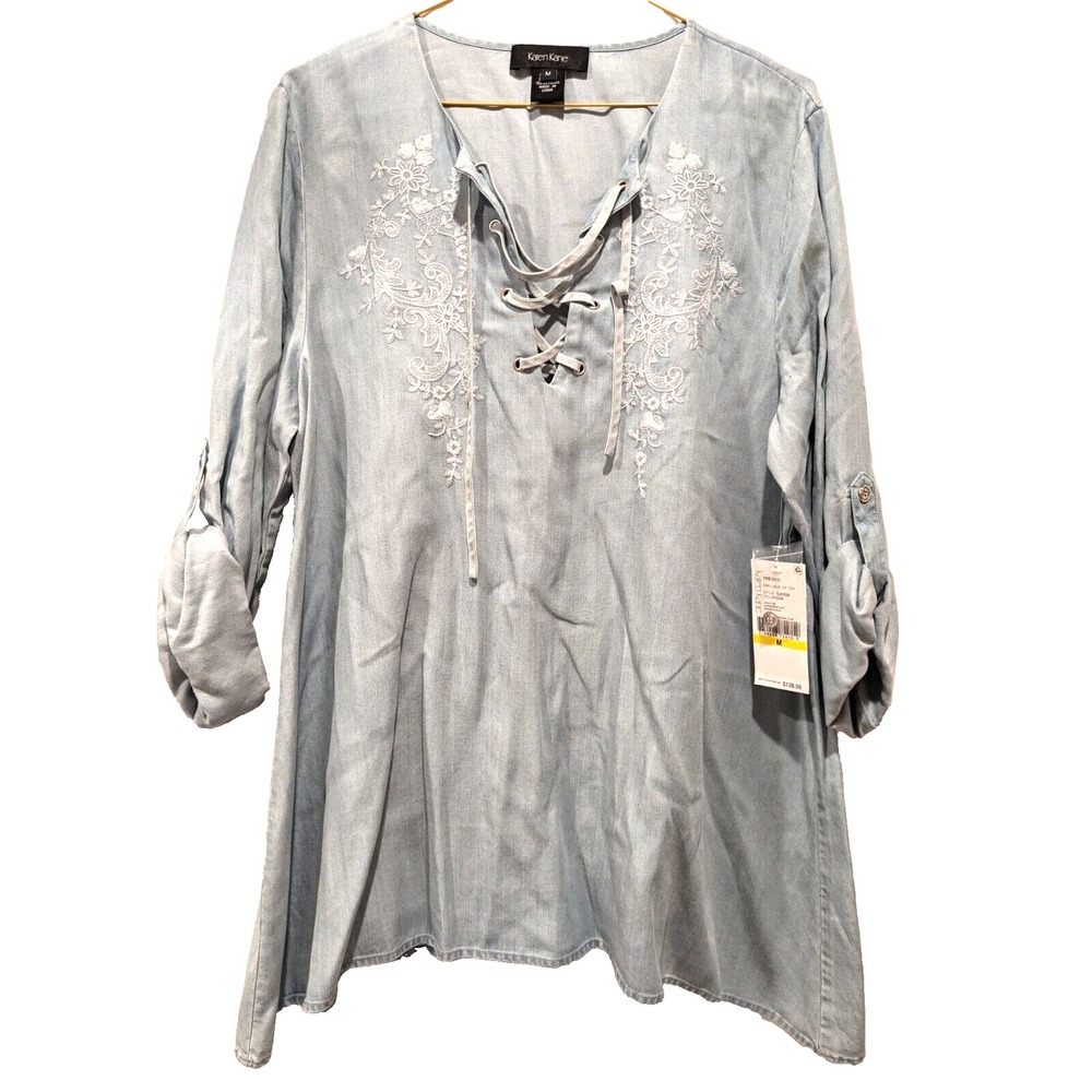 Karen Kane Top Women Sz M Embroidered Roll Tab Sleeve Boho CottageCore Lace NWT